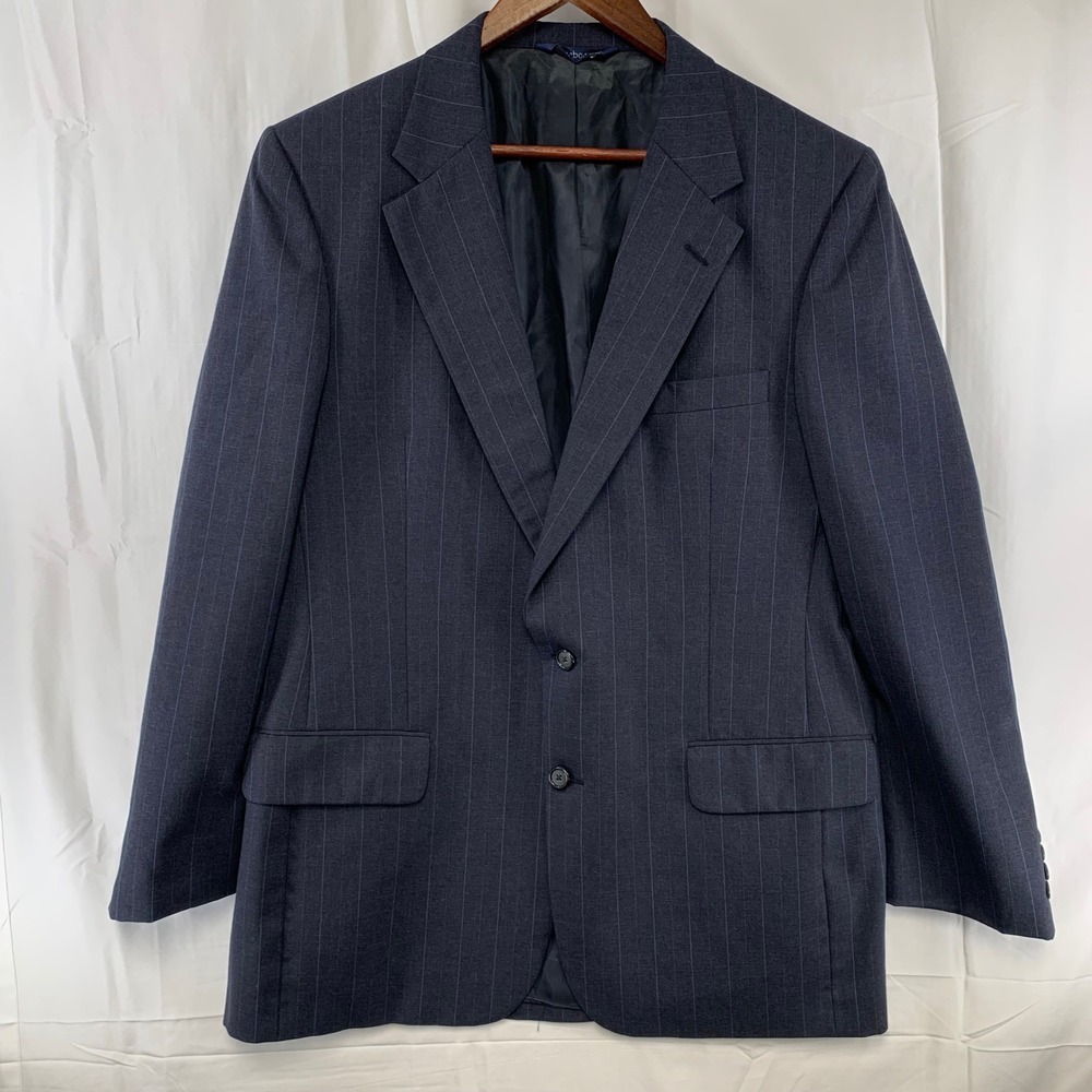 Burberrys Blazer Mens 43L Navy Blue‎ Pinstripe Wool 2-Button Suit Jacket VTG 90s